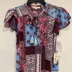 Three Bird Nest Patchwork Blouse - Blue, Pink, Burgundy